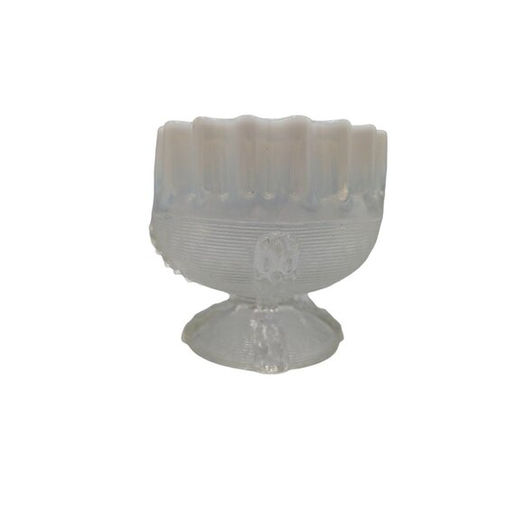 Antique Northwood Glass Opalescent Crimped Top Compote Spool Threaded Pattern - Picture 14 of 14